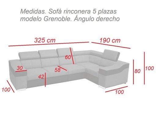 Размеры 5-меcтного углового дивана Grenoble. Правый угол