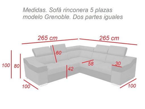 Размеры 5-меcтного углового дивана Grenoble. Два угла одинаковой длины