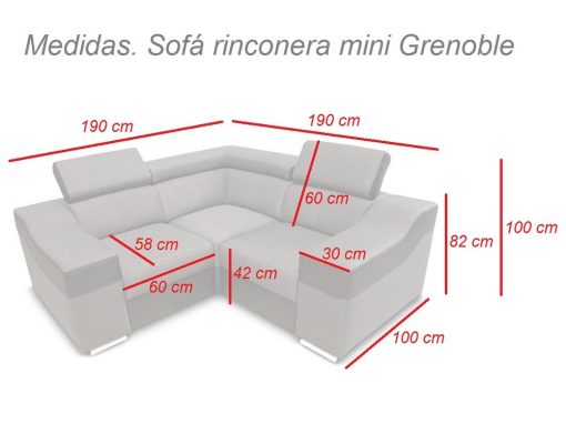 Medidas. Sofá rinconera mini, reposacabezas reclinables y brazos anchos - Grenoble