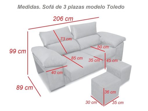 Medidas. Sofá tres plazas, asientos deslizantes, respaldos reclinables, 2 pufs - Toledo