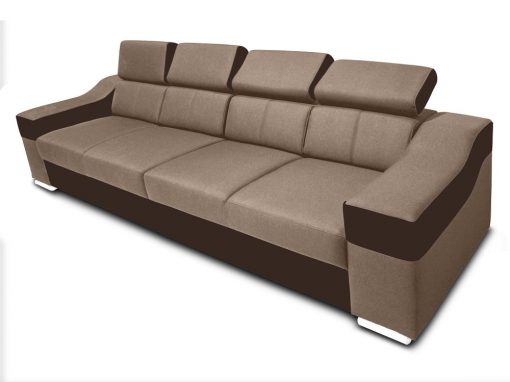 Sofá 4 plazas con reposacabezas reclinables y brazos anchos - Grenoble. Tela beige, piel sintética marrón