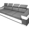 4 seater sofa with reclining headrests and wide armrests - Grenoble. Light grey fabric, white faux leather