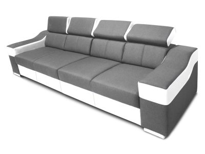 Sofá 4 plazas con reposacabezas reclinables y brazos anchos - Grenoble. Tela gris claro, piel sintética blanca