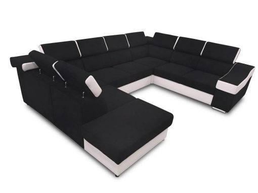 Sofá 7 plazas en forma de U con cama extraíble y reposacabezas reclinables - Cannes. Brazo lado derecho. Negro + blanco