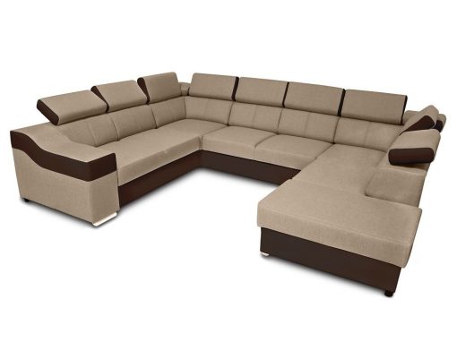 Sofá 7 plazas en forma de U con cama extraíble y reposacabezas reclinables - Cannes. Brazo lado izquierdo. Tela beige, polipiel marrón