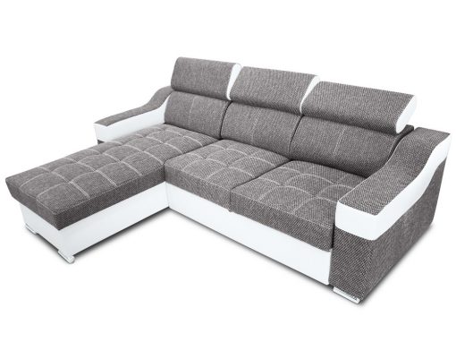 Sofá chaise longue cama con altos reposacabezas - Albi. Tela gris claro, piel sintética blanca. Chaise longue montado al lado izquierdo