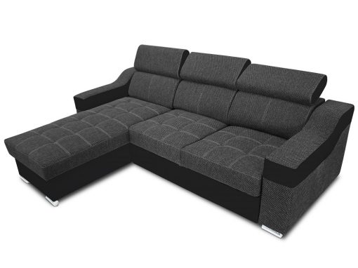 Sofá chaise longue cama con altos reposacabezas - Albi. Tela gris, piel sintética negra. Chaise longue montado al lado izquierdo