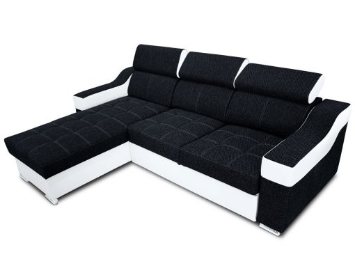 Sofá chaise longue cama con altos reposacabezas - Albi. Tela negra, piel sintética blanca. Chaise longue montado al lado izquierdo