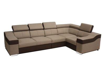 5 seater corner sofa with high backrests and headrests - Grenoble. Beige fabric, brown faux leather. Corner on the right