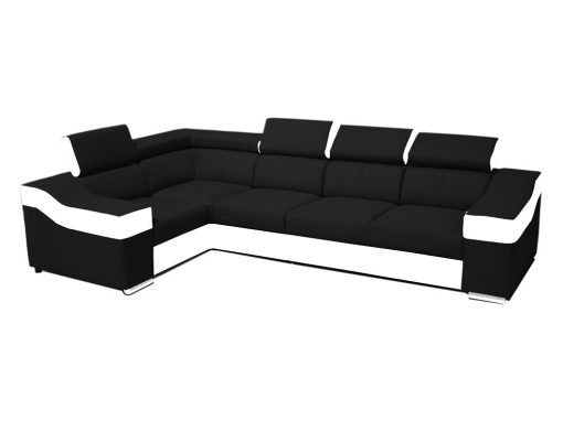 Угловой диван 5 мест с высокими спинками и подголовниками - Grenoble. Чёрная ткань, белая искусственная кожа. Левый угол