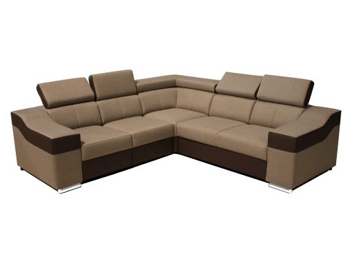 Угловой диван 5 мест с высокими спинками и подголовниками - Grenoble. Бежевая ткань, коричневая искусственная кожа. Два одинаковых угла