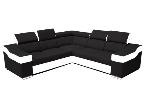 Угловой диван 5 мест с высокими спинками и подголовниками - Grenoble. Чёрная ткань, белая искусственная кожа. Два одинаковых угла