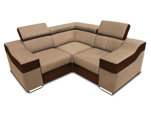 Sofá rinconera mini 190 x 190 cm, reposacabezas reclinables y brazos anchos - Grenoble. Tela beige, polipiel marrón