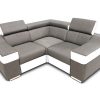 Sofá rinconera mini 190 x 190 cm, reposacabezas reclinables y brazos anchos - Grenoble. Tela gris claro, polipiel blanca