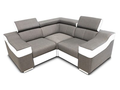 Small corner sofa 190 x 190 cm, reclining headrests and wide armrests - Grenoble Mini. Light grey fabric, white faux leather