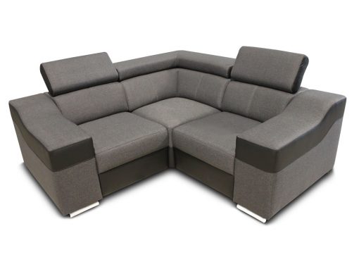 Sofá rinconera mini 190 x 190 cm, reposacabezas reclinables y brazos anchos - Grenoble. Tela gris, polipiel negra