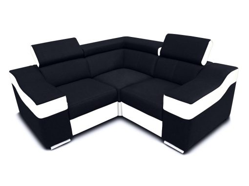 Sofá rinconera mini 190 x 190 cm, reposacabezas reclinables y brazos anchos - Grenoble. Tela negra, polipiel blanca