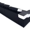 Backside view of the Grenobale 4 seater. Black fabric, white faux leather