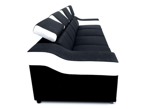 Vista lateral. Sofá 4 plazas con reposacabezas reclinables y brazos anchos - Grenoble. Tela negra, piel sintética blanca