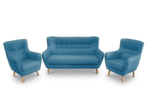 Conjunto de un sofá 2 plazas de diseño con botones y 2 sillones – Stockholm. Tela azul