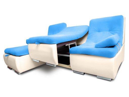 Mecanismo de apertura de los asientos. Sofá chaise longue modelo Brussels. Telas azul, beige