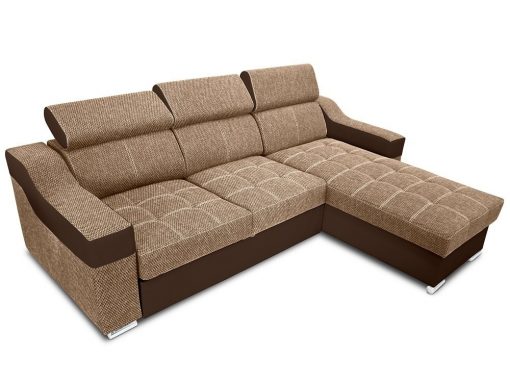 Sofá chaise longue cama con altos reposacabezas - Albi. Tela beige, piel sintética marrón. Chaise longue montado al lado derecho