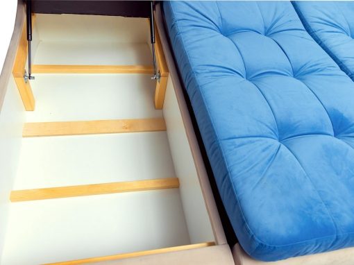 Arcón con mecanismo hidráulico. Sofá chaise longue con asientos convertibles en cama - Brussels. Telas azul, beige