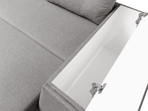 Arcón en el brazo. Sofá cama pequeño, 2 plazas con cajones - Ostend 2. Tela color gris, izquierdo