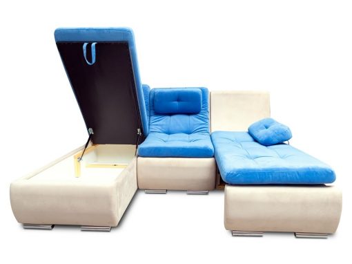 Asiento extendido, arcón abierto. Sofá chaise longue con asientos convertibles en cama - Brussels. Telas azul, beige