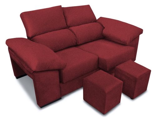 Sofá 2 plazas, asientos deslizantes, respaldos reclinables, 2 pufs - Toledo. Tela color rojo