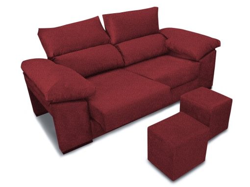 Sofá 3 plazas con asientos deslizantes, respaldos reclinables, 2 pufs - Toledo. Tela color rogo