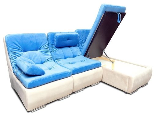 Sofá chaise longue con asientos convertibles en cama - Brussels. Chaise longue montada a la derecha. Arcón abierto. Telas azul, beige