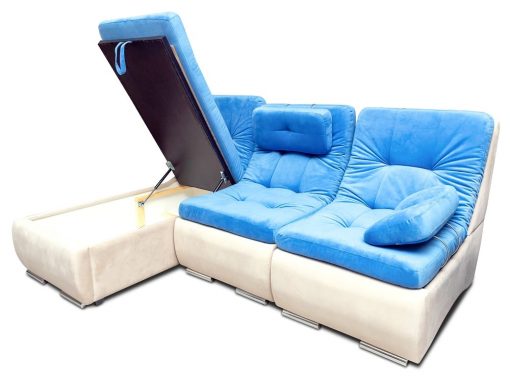 Sofá chaise longue con asientos convertibles en cama - Brussels. Chaise longue montada a la izquierda. Arcón abierto. Telas azul, beige