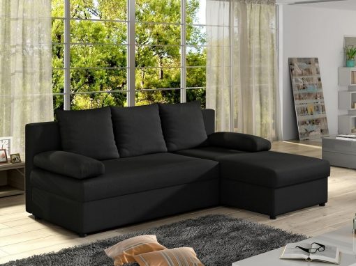 Small chaise longue sofa bed - York. Black fabric. Chaise longue on the right