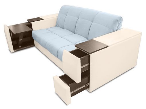 Sofá con mesa plegable, arcones en brazo, convertible en cama - Bern. Tela azul claro, tela beige