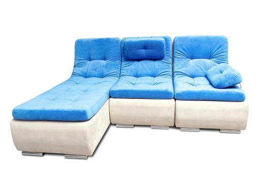 Vista frontal. Sofá chaise longue con asientos convertibles en cama - Brussels. Telas azul, beige