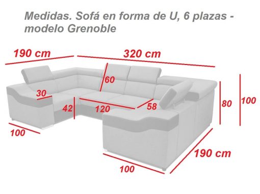 Medidas. Sofá en forma de U, 6 plazas - Grenoble