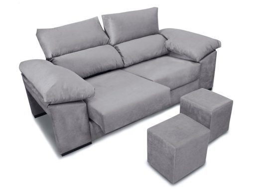 Sofá 3 plazas con asientos deslizantes, respaldos reclinables, 2 pufs - Toledo. Tela antimanchas gris claro