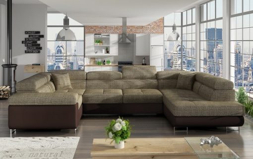 Sofá en U moderno (2 chaiselongs) con cama y arcón - Coventry. Esquina lado izquierdo. Tela beige (Berlin 03) - Polipiel marrón (Soft 66)