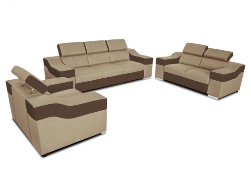 Conjunto 3+2+1 - sofá 3 plazas, 2 plazas, 1 sillón, reposacabezas reclinables - Grenoble. Tela beige, polipiel marrón