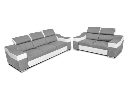Conjunto tres más dos - sofá 3 plazas, 2 plazas, reposacabezas reclinables - Grenoble. Tela gris claro, polipiel blanca