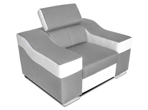Sillón con reposacabezas reclinable modelo Grenoble. Tela gris claro, polipiel blanca