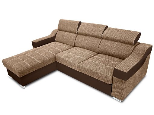 Sofá chaise longue cama con altos reposacabezas - Albi. Tela beige, piel sintética marrón. Chaise longue montado al lado izquierdo