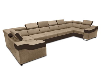 8-местный диван в форме буквы "П", XXL - Chessy. Бежевая ткань, коричневая искусственная кожа