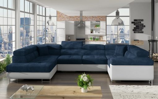 Угловой диван-кровать в форме буквы "П" (2 угла) - Coventry. Тёмно-синяя ткань, белый кожзаменитель. Правый угол