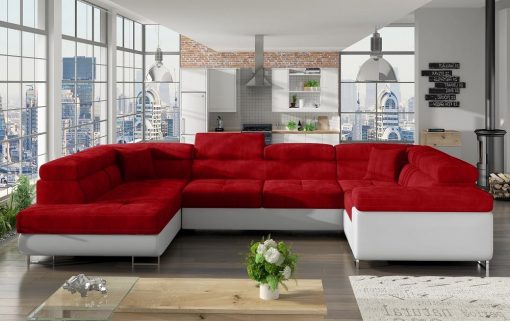 Sofá en U moderno (2 chaiselongs) con cama y arcón - Coventry. Esquina lado derecho. Tela rojo (Grosso 30-2) - Polipiel blanca (Soft 17)