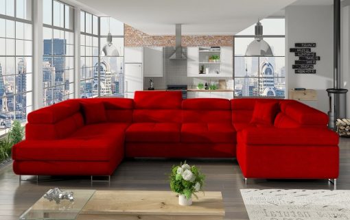 Sofá en U moderno (2 chaiselongs) con cama y arcón - Coventry. Esquina lado derecho. Tela rojo (Grosso 30-2), todo el sofá