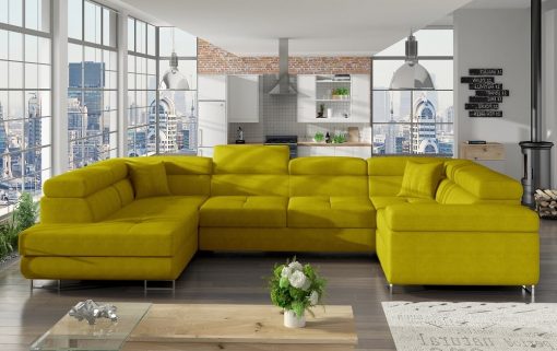 Sofá en U moderno (2 chaiselongs) con cama y arcón - Coventry. Esquina lado derecho. Todo tela amarilla (Omega 68)