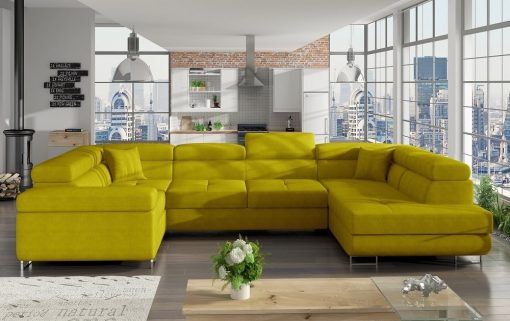 Sofá en U moderno (2 chaiselongs) con cama y arcón - Coventry. Esquina lado izquierda. Todo tela amarilla (Omega 68)