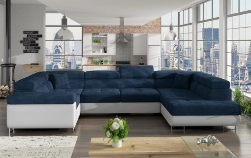 Sofá en U moderno (2 chaiselongs) con cama y arcón - Coventry. Esquina lado izquierdo. Tela azul oscuro Kronos 09) - Polipiel blanca (Soft 17)